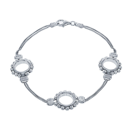 Sterling Silver Double Chain with Triple Open Beaded Circle Bracelet