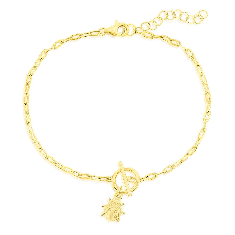 Sterling Silver Ladybug Charm Paperclip Toggle Bracelet - Gold Plated