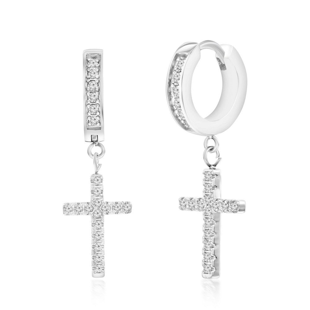 Stainless Steel Cross CZ Charm Huggie Hoop Earrings