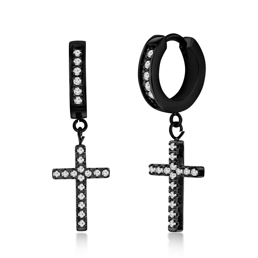 Stainless Steel Cross CZ Charm Huggie Hoop Earrings - Black Plated