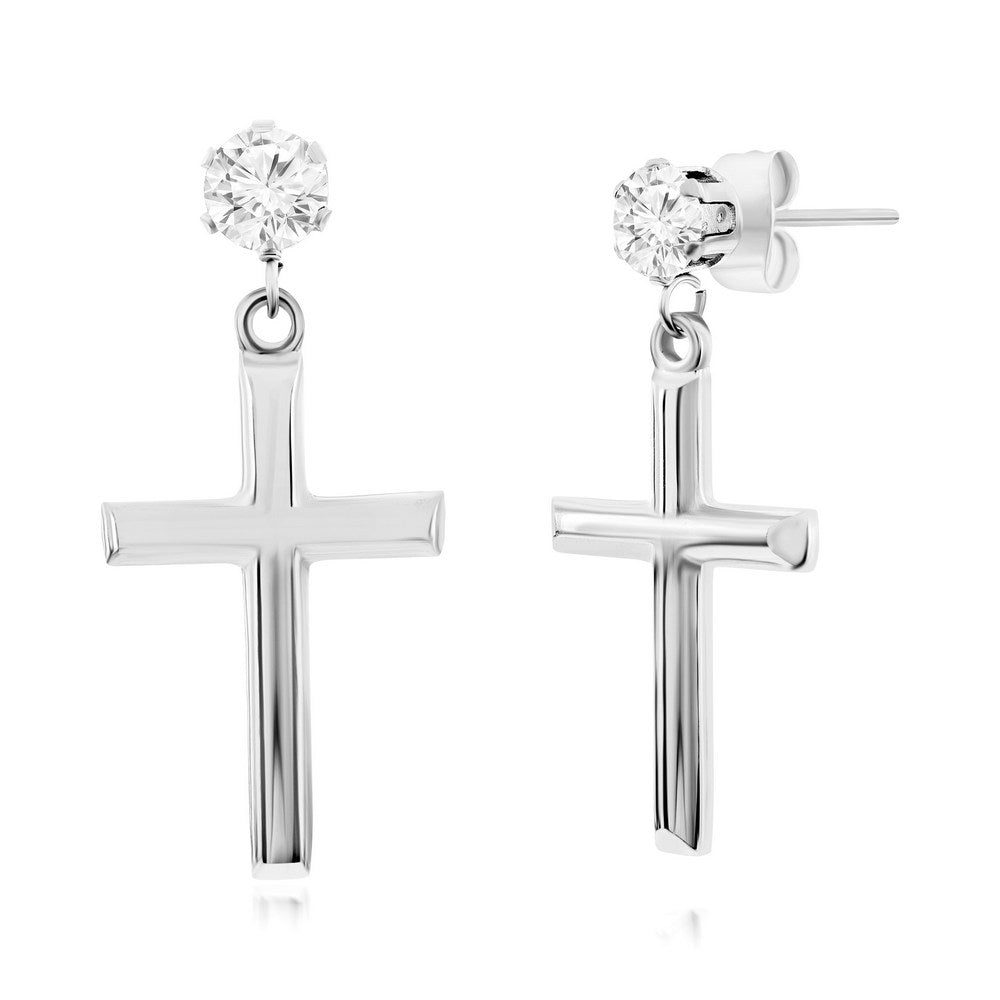 Stainless Steel Polished Cross & CZ Earrings