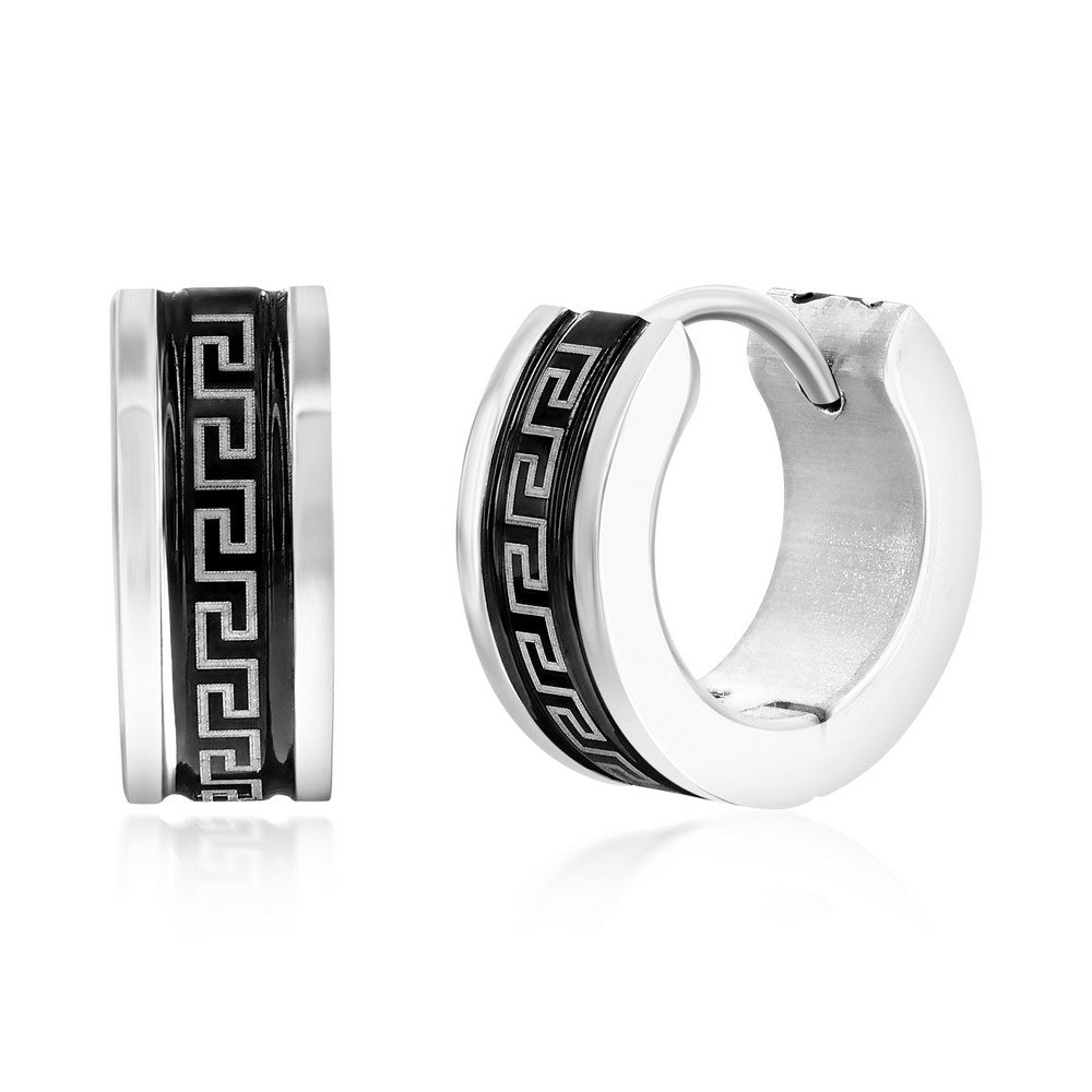 Stainless Steel 13mm Greek Key Hoop Earrings - Black & Silver