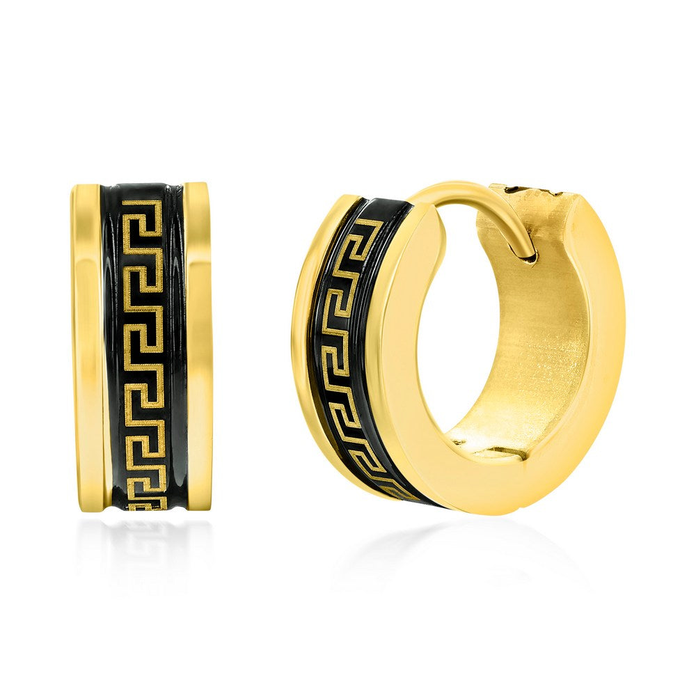 Stainless Steel 13mm Greek Key Hoop Earrings - Black & Gold