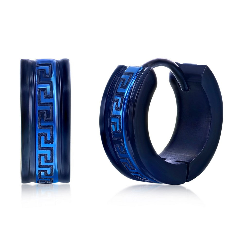 Stainless Steel 13mm Greek Key Hoop Earrings - Black & Blue