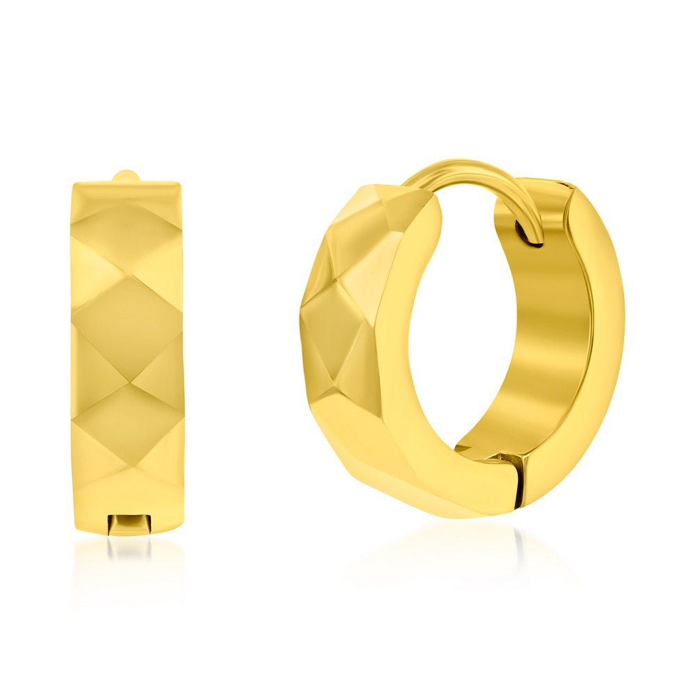 Stainless Steel Diamond Design Huggie Hoop Earrings - Gold Plated