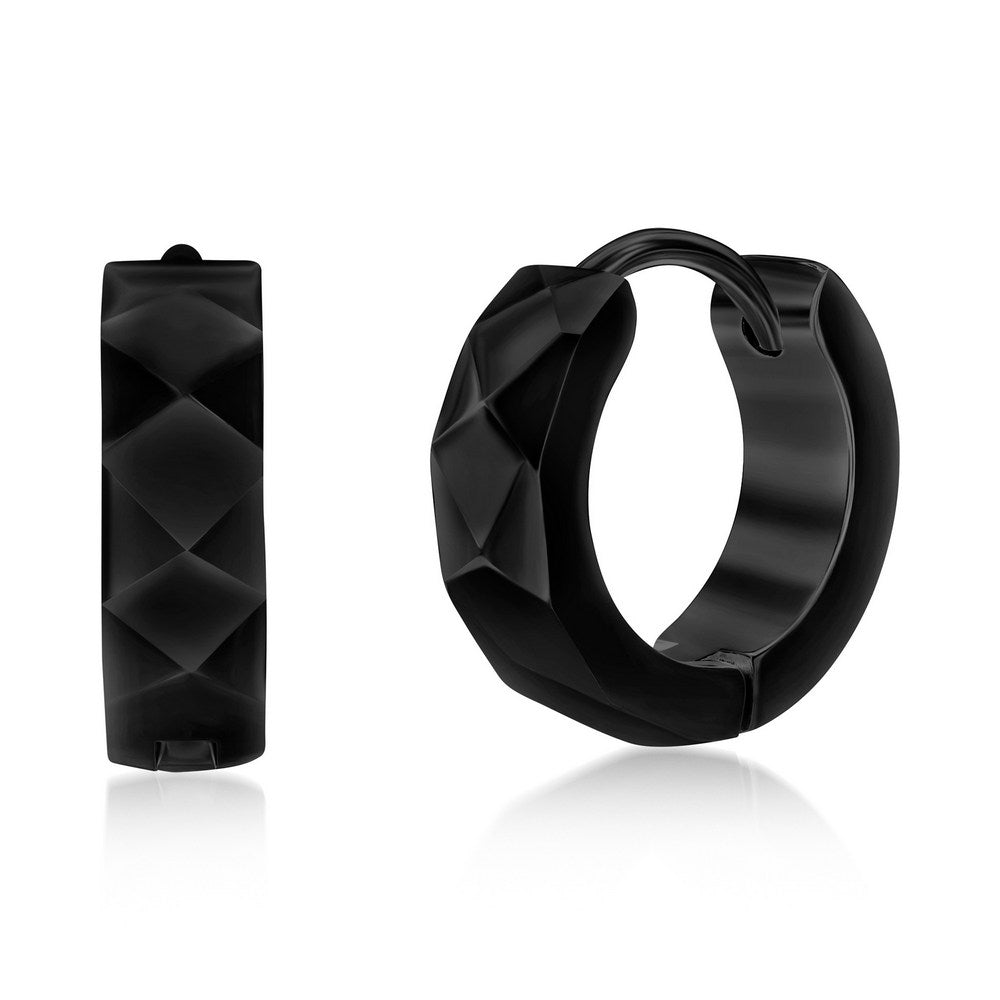 Stainless Steel Diamond Design Huggie Hoop Earrings - Black Plated