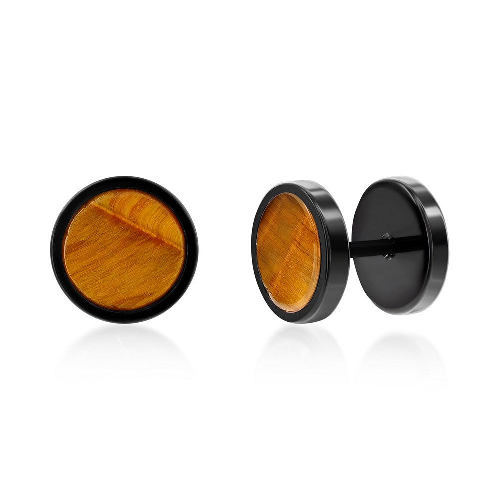 Stainless Steel Round Stud Earrings - Tiger Eye