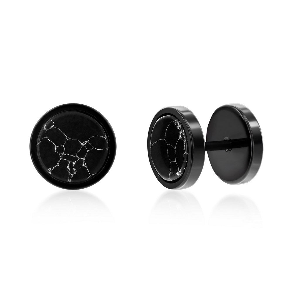 Stainless Steel Round Stud Earrings - Black Marble