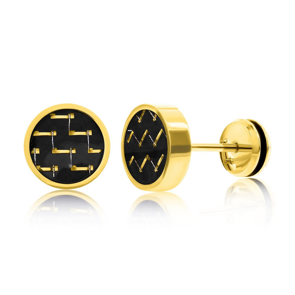 Stainless Steel 10mm Black Carbon Fiber Stud Earrings - Gold Plated