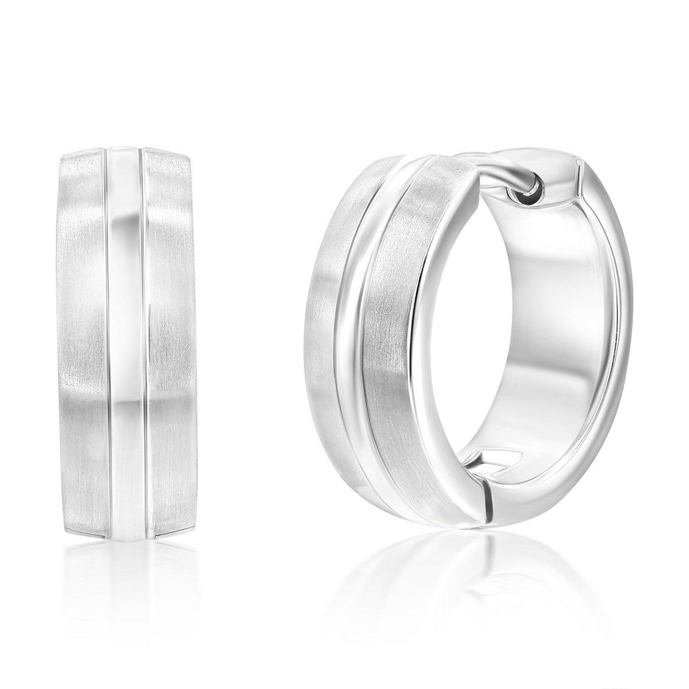 Stainless Steel 15mm Lined Matte & Polished Huggie Hoop Earrings