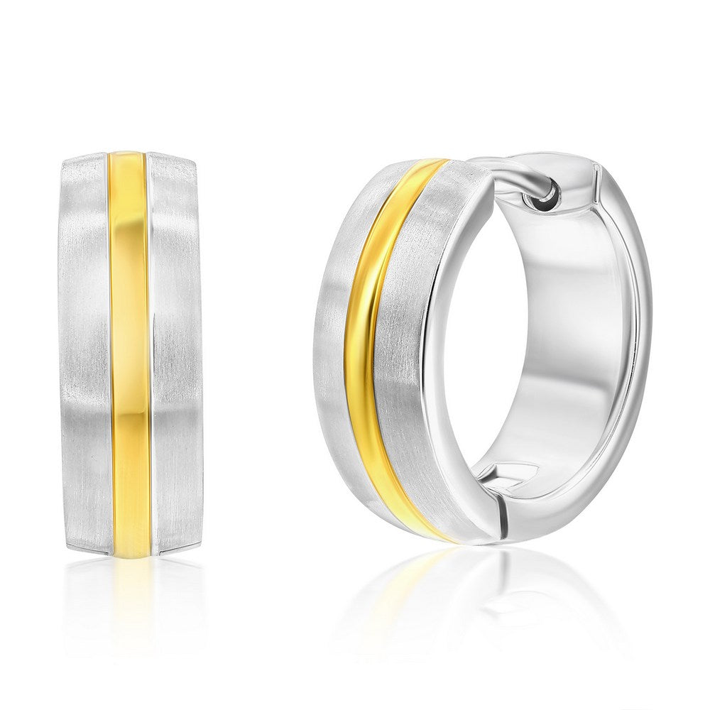 Stainless Steel 15mm Lined Matte & Polished Huggie Hoop Earrings - Gold & Silver