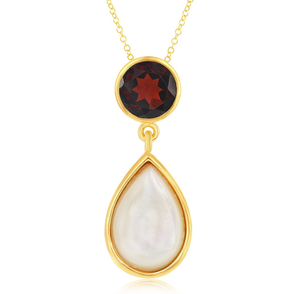 Sterling Silver Garnet with Mother of Pearl Pendant w/Chain -  Gold Plated