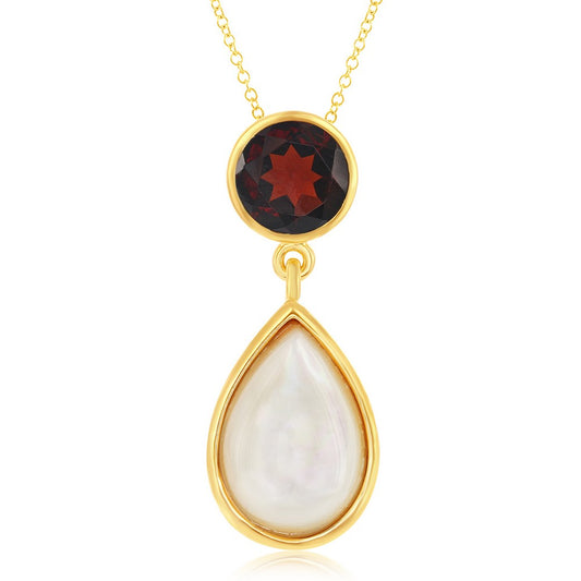Sterling Silver Garnet with Mother of Pearl Pendant w/Chain -  Gold Plated