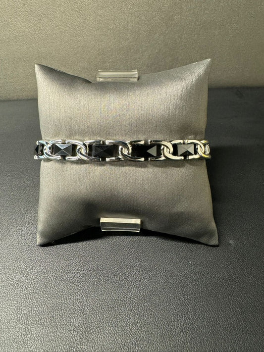 Stainless Steel 7" Faceted Black Ceramic Link Bracelet