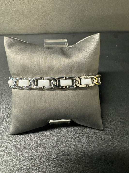 Stainless Steel Faceted White Ceramic Link Bracelet