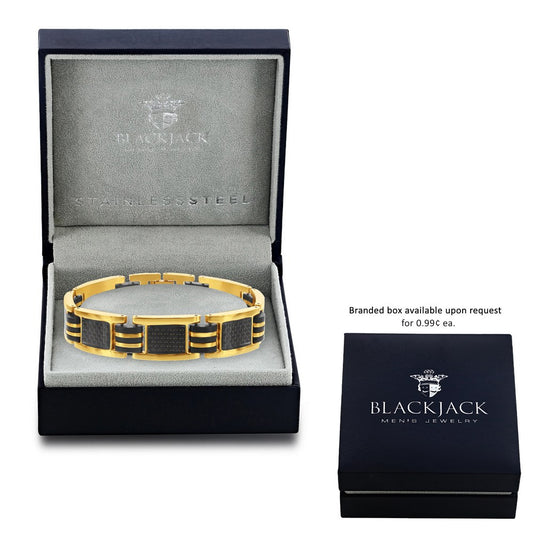 Stainless Steel Black Rubber & Carbon Fiber Bracelet - Gold Plated