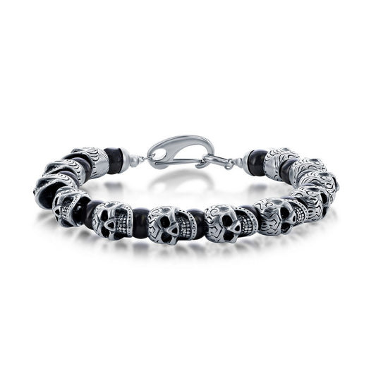 Stainless Steel Genuine Onyx Skull Bracelet
