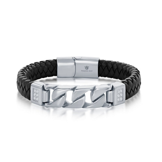 Stainless Steel Genuine Black Leather Curb Link Bracelet