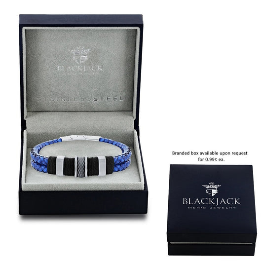 Stainless Steel Double Strand Genuine Leather Bracelet - Blue