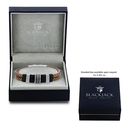 Stainless Steel Double Strand Genuine Leather Bracelet - Brown