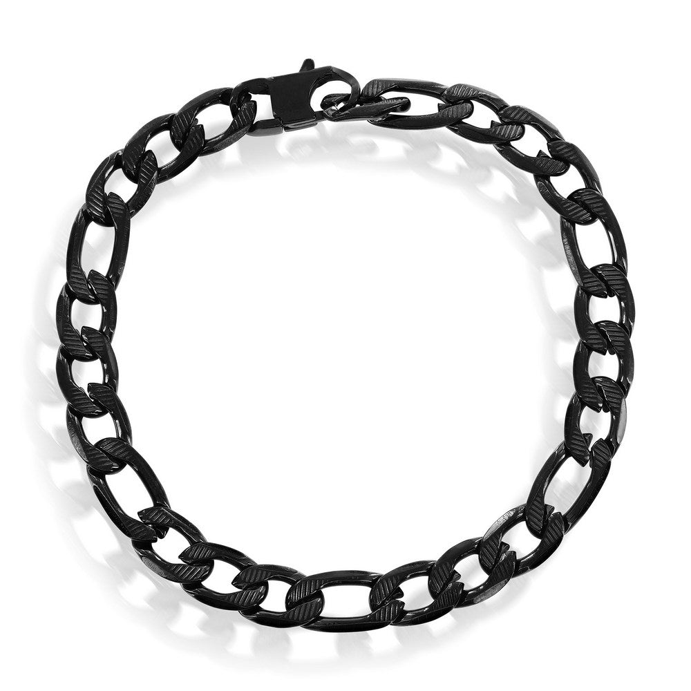 Stainless Steel 8mm Textured Figaro Chain Bracelet - Black Plated