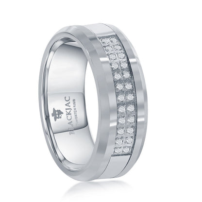 Brushed and Polished Double Row CZ Silver Tungsten Ring