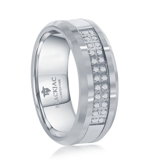 Brushed and Polished Double Row CZ Silver Tungsten Ring