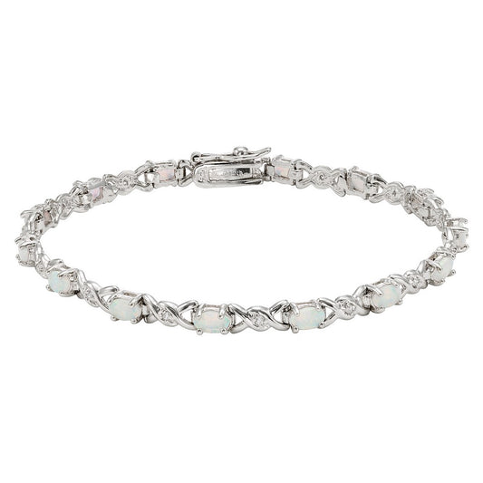 Sterling Silver Double "X" With CZ & Oval White Opal Bracelet