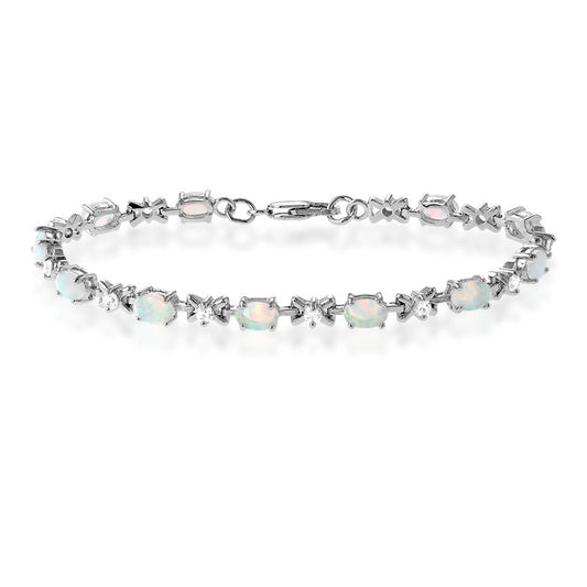 Sterling Silver "X" With CZ & Oval White Opal Stones Bracelet