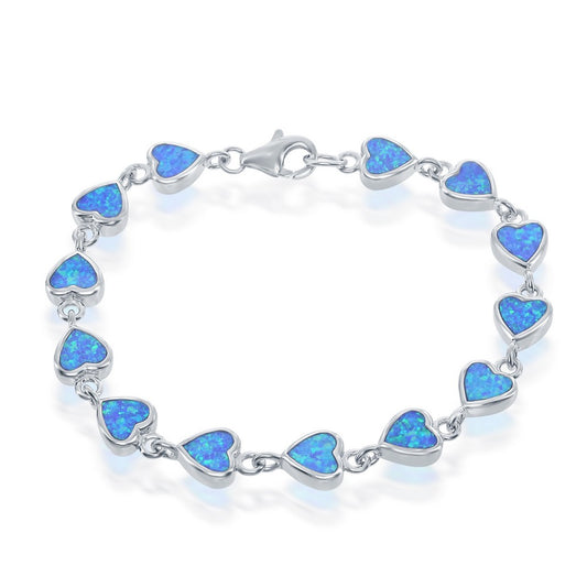 Sterling Silver, Small Blue Inlay Opal Hearts Link Bracelet