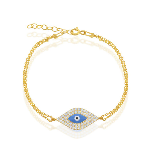 Sterling Silver Double-Strand w/ Center CZ and Blue Evil Eye Bracelet - Gold Plated