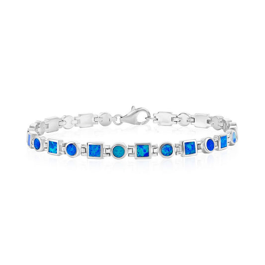 Sterling Silver Blue Inlay Opal Squares and Circles Link Bracelet
