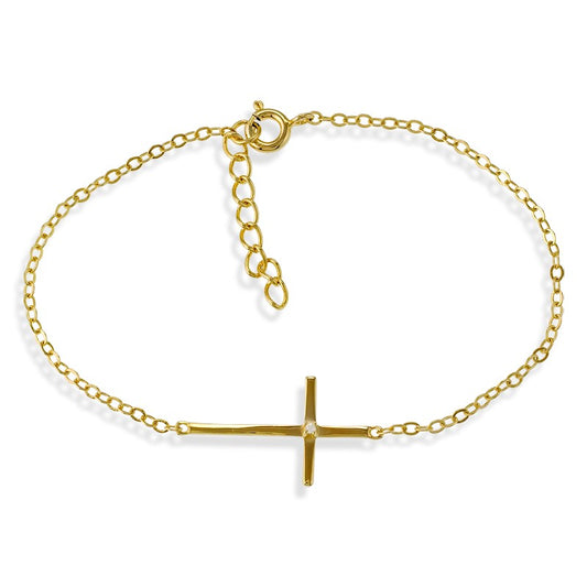 Sterling Silver Single CZ Sideways Cross Bracelet - Gold Plated