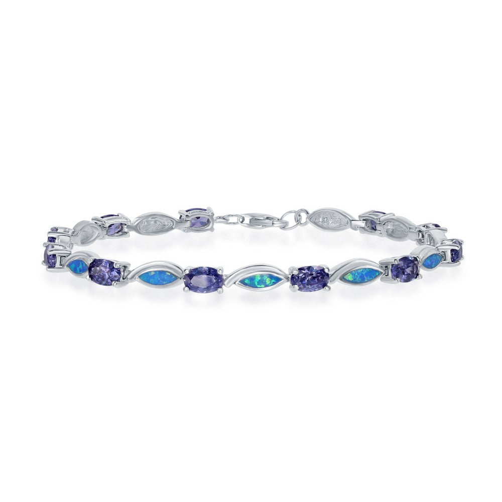 Sterling Silver, Oval Tanzanite CZ and Blue Inlay Opal Marquise Bracalet