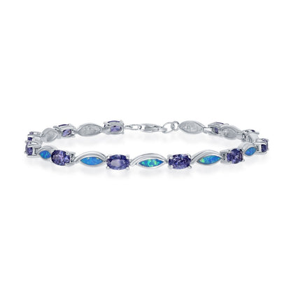 Sterling Silver, Oval Tanzanite CZ and Blue Inlay Opal Marquise Bracalet