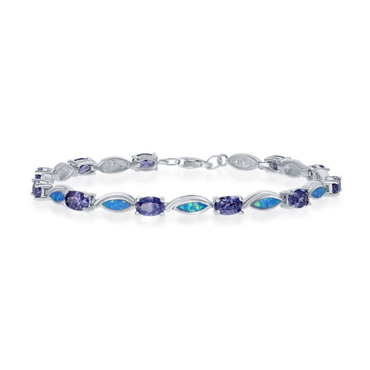 Sterling Silver, Oval Tanzanite CZ and Blue Inlay Opal Marquise Bracalet