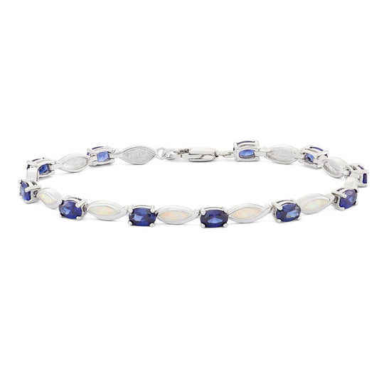 Sterling Silver, Oval Tanzanite CZ and White Inlay Opal Marquise Bracalet