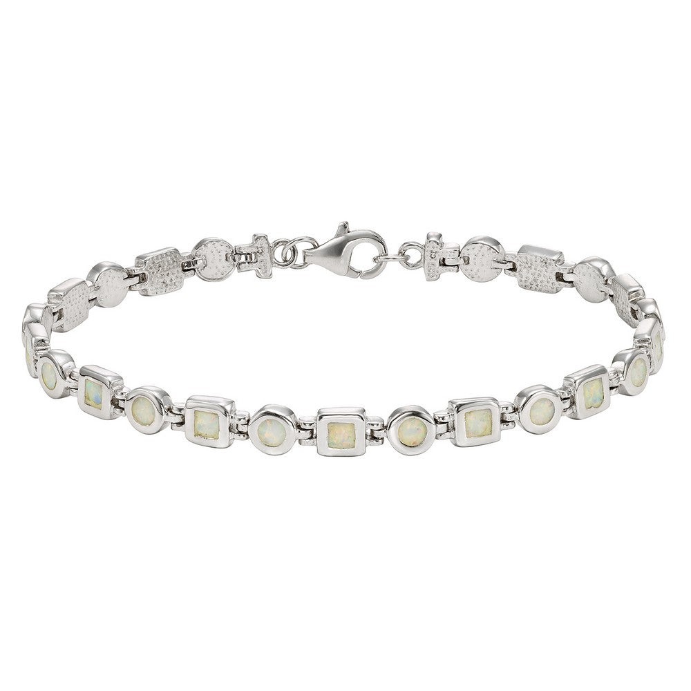 Sterling Silver White Inlay Opal Squares and Circles Link Bracelet