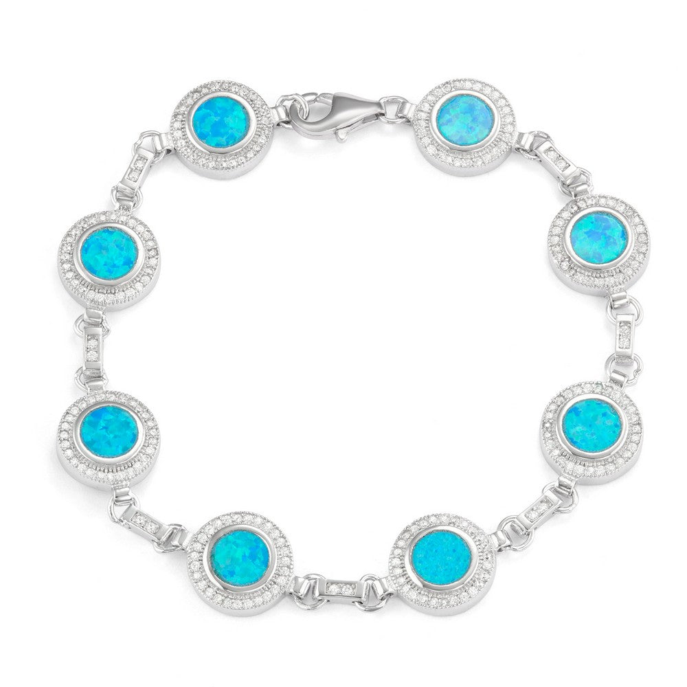 Sterling Silver Round Blue Inlay Opal with Micro Pave CZ Border Bracelet