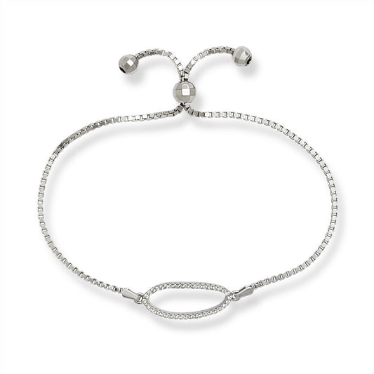 Sterling Silver Box Chain with Center Open CZ Oval with Beads Adjustable Bolo Bracelet