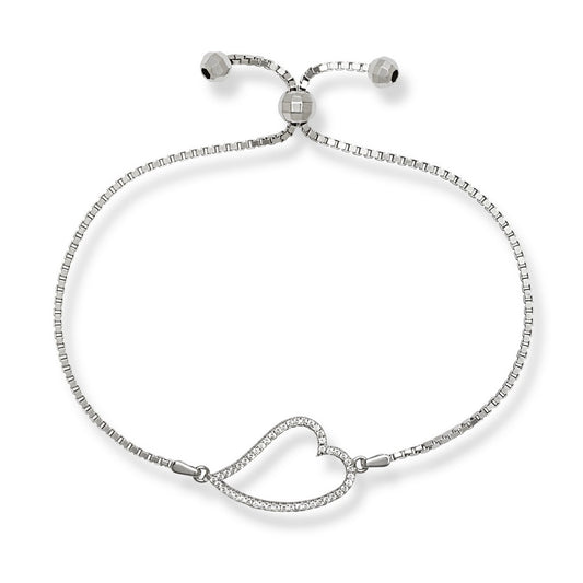 Sterling Silver Box Chain w/Center Open CZ Curved Heart w/Beads Adjustable Bolo Bracelet