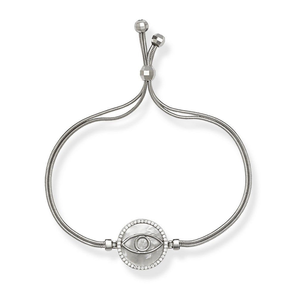 Silver Snake Chain White MOP w/Center CZ Evil Eye w/CZ Border Adjustable Bolo Bracelet