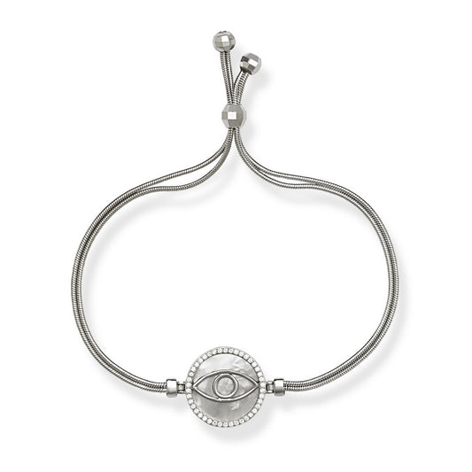 Silver Snake Chain White MOP w/Center CZ Evil Eye w/CZ Border Adjustable Bolo Bracelet