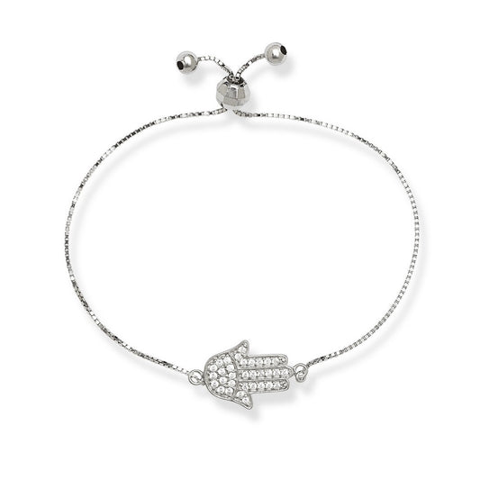 Sterling Silver Box Chain with Center CZ Hamsa with Beads Adjustable Bolo Bracelet