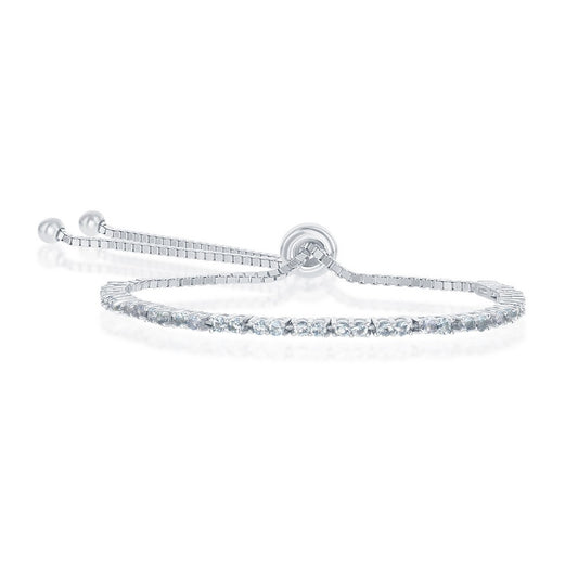 Sterling Silver 2MM Aquamarine CZ 'March Birthstone' Tennis Adjustable Bolo Bracelet