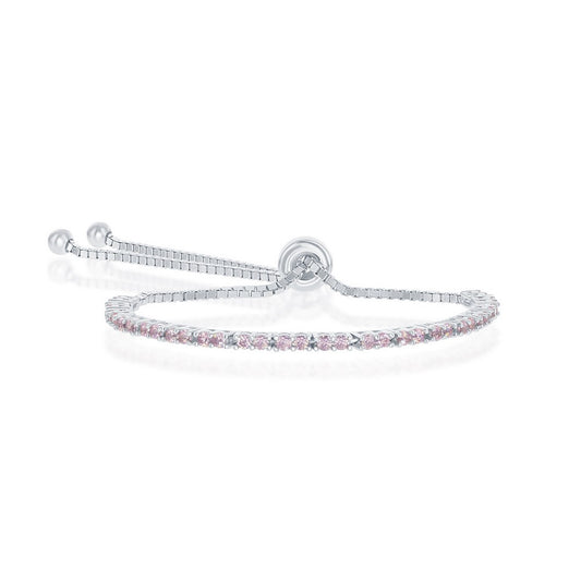 Sterling Silver 2MM Pink CZ 'October Birthstone' Tennis Adjustable Bolo Bracelet