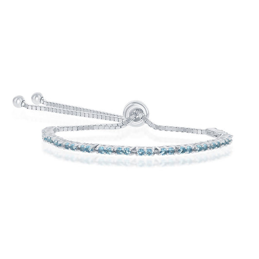 Sterling Silver 2MM Swiss Blue CZ 'December Birthstone' Tennis Adjustable Bolo Bracelet