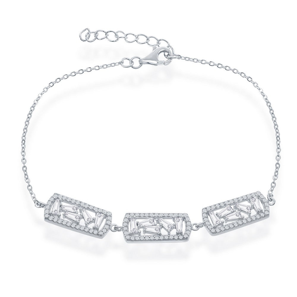 Sterling Silver 7+1" Triple Rectangle with Center Baguettes & CZ Border Bracelet