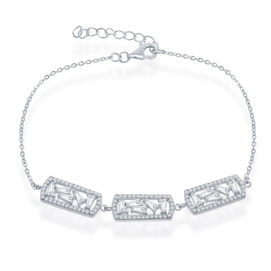 Sterling Silver 7+1" Triple Rectangle with Center Baguettes & CZ Border Bracelet