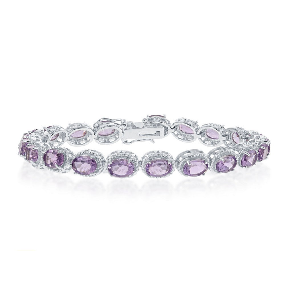 Sterling Silver Oval Amethyst with Rope Border Bracelet